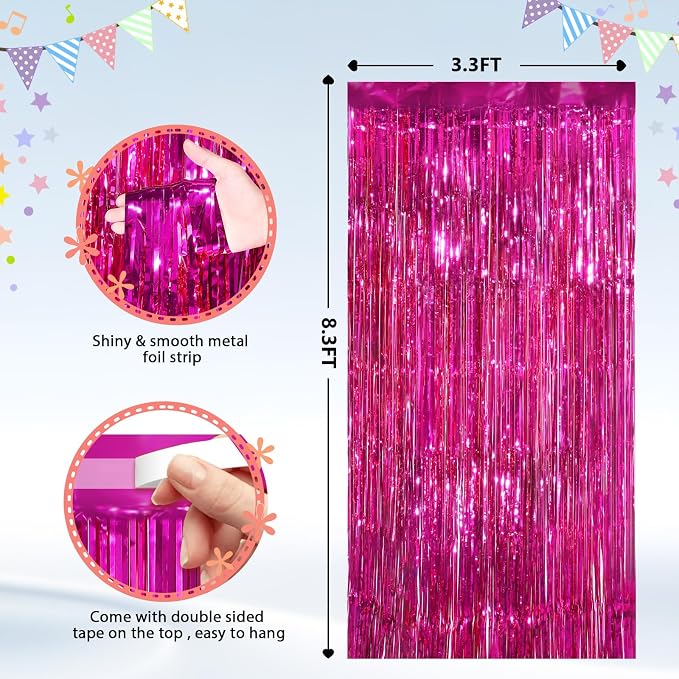 2Pack Hot Pink Metallic Tinsel Foil Fringe Curtains Backdrop - Image 2
