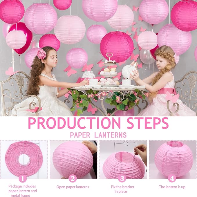 15-Pack Pink Paper Lanterns, Hanging Party Decorations | 6, 8 & 10 Inch Rose - Image 6