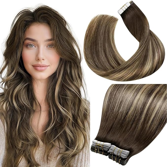 LaaVoo Ombre Tape in Hair Extensions Human Hair Balayage Brown to Caramel Blonde with Brown Tape in Hair Extensions Real Hair Tape on Extensions Soft Straight Hair 24inch 40pcs 100g