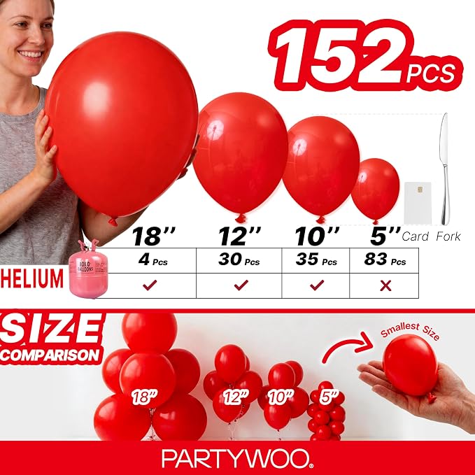 PartyWoo Red Balloons 152pcs Different Sizes of 18 12 10 5 Inch | Balloons - Image 6