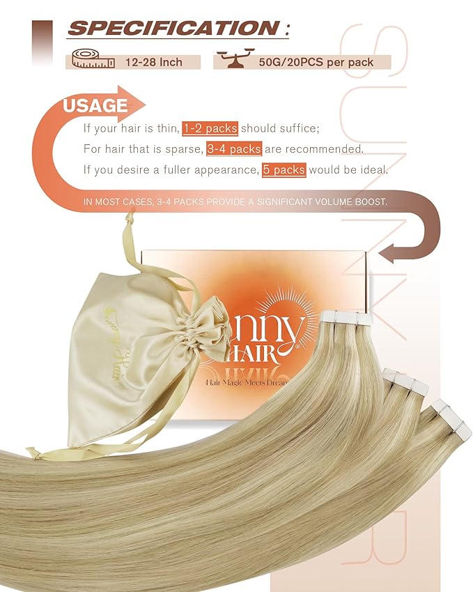 Sunny Hair Tape in Hair Extensions Real Human Hair Invisible Remy Hair Extensions Tape ins for Women Dark Blonde Highlights Light Blonde 24 inch 20Pcs 50G