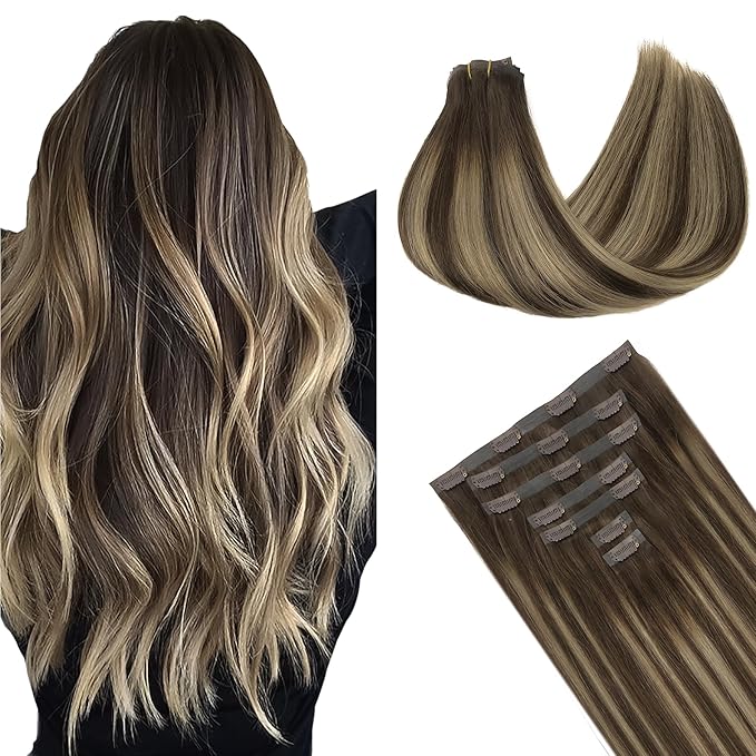 GOO GOO Clip in Hair Extensions Real Human Hair, Remy Human Hair Extensions Clip ins for Women, Natural Human Hair, 24inch 160g 7Pcs, 4/26/4 Balayage Chocolate Brown to Honey Blonde