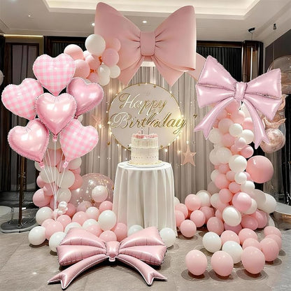 Pastel Pink Bow Balloons & Checkered Heart Foil Balloon Set, Coquette Birthday - Image 9