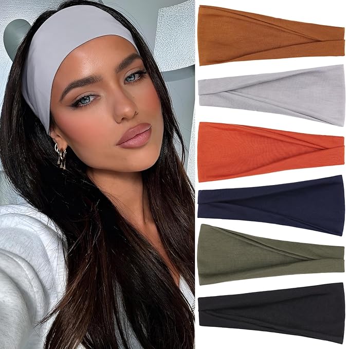 Non-Slip Headbands Set for Women's Hair 6 PCS Cotton Soft Wide Head Bands for Yoga Running Exercise Trendy Elastic Hairbands for Women