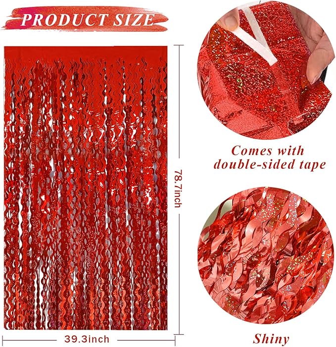 Red Tinsel Foil Fringe Curtains Wavy Backdrop - Image 2