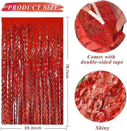 Red Tinsel Foil Fringe Curtains Wavy Backdrop - Image 2