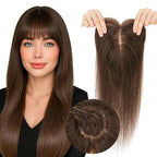 Hair Toppers for Women Real Human Hair 3.54"*4.72" Silky Base 150% Density With Bangs Adjustable Parting Clip-In Topper Hairpieces for Women with Thinning Hair 12 Inches Dark Brown