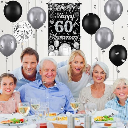 60th Anniversary Decorations Small Banner Black Silver Happy 60th Anniversary - Image 4