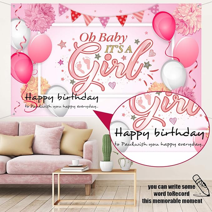 Blulu Baby Shower Backdrop It's a Girl Banner 6 x 3.6 ft Large Pink Fabric - Image 6