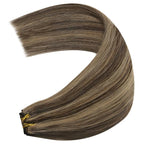 YoungSee 100G Weft Hair Extensions Dark Brown Highlight with Caramel Blonde Sew in Hair Extensions Real Human Hair Short Straight Hair Extension Weft for Women 14inch