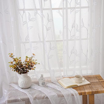 White Sheer Curtains Boho Leaf Floral Embroidered 54Wx63L | Light Filtering - Image 7