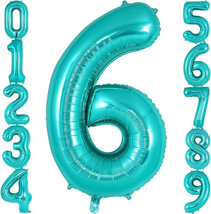 Teal Blue Number 6 Balloon, 40 Inch Big Large Foil Helium Number Balloons by AIQINHU