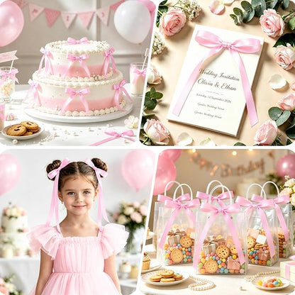 NEBURORA 50 Pcs Pink Bows for Cake Decoration Party Ribbon Bowknots | Pastel - Image 6