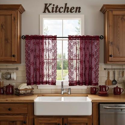 Kotile Short Burgundy Lace Curtains Rustic Floral W42 x L30 Inch, 2 Panels | by Kotile+Curtains