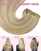YoungSee Blonde Clip in Human Hair Extension Highlight Human Hair Clip in Extensions Light Blonde Highlighted Golden Blond Clip in Hair Extensions Real Human Hair for Women 24Inch 7Pcs 120G