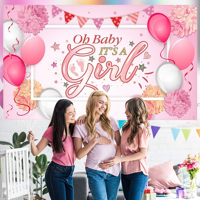 Blulu Baby Shower Backdrop It's a Girl Banner 6 x 3.6 ft Large Pink Fabric - Image 5