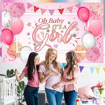 Blulu Baby Shower Backdrop It's a Girl Banner 6 x 3.6 ft Large Pink Fabric - Image 5