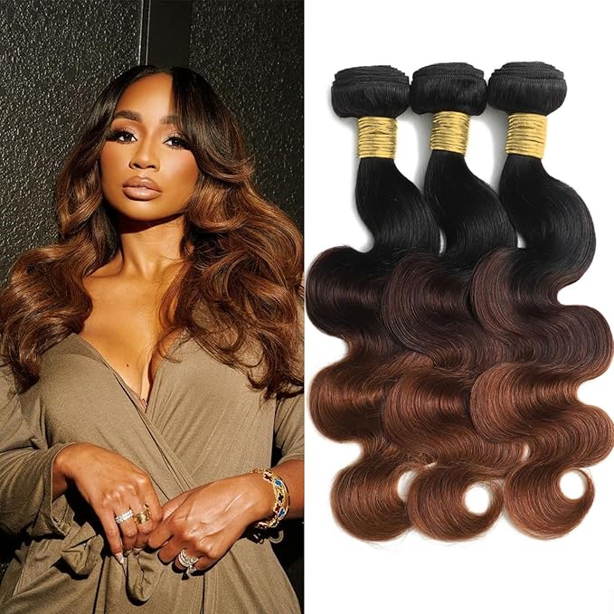 T1B/2/30 Chestnut Brown Ombre Human Hair Bundles Body Wave 100% Real Virgin Human Hair Bundles Dark Roots Bundle 3 Tone Ombre Medium Auburn Colored Sew in Quick Weaves 12 14 16 Inch