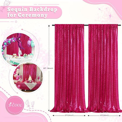 Fuchsia Sequin Backdrop Curtains Party Photo Glitter Drapes 2 Pcs 2FTx8FT | - Image 2