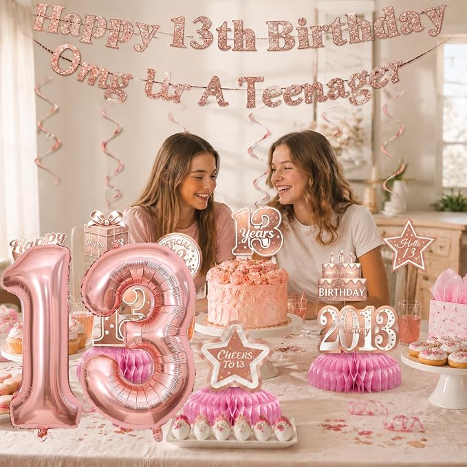 13th Birthday Decorations For Girls, Pre-Strung Rose Gold Happy 13th Birthday & - Image 8