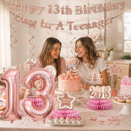 13th Birthday Decorations For Girls, Pre-Strung Rose Gold Happy 13th Birthday & - Image 8