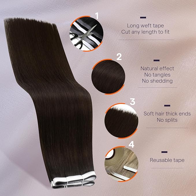 Full Shine Genius Weft Tape in Extensions Color 2 Dark Brown Seamless Adhesive Tape in Weft Hair Extensions Human Hair Double Weft 20Inch 50G One Piece Brazilian Straight Hair Bridal Hairstyles Soft