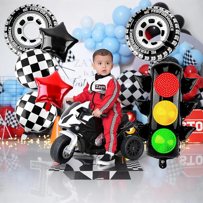 Race Car Party Balloon Set 7pcs Traffic Light, Checkered Balloons, Tire Wheel - Image 6