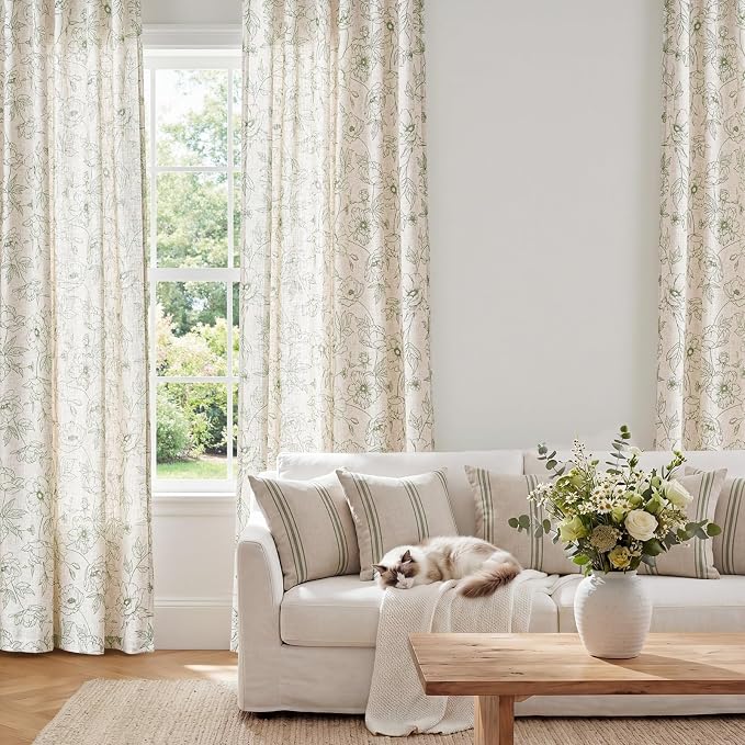 jinchan Floral Linen Curtains for Living Room 96 Inch Length Green Flower - Image 2