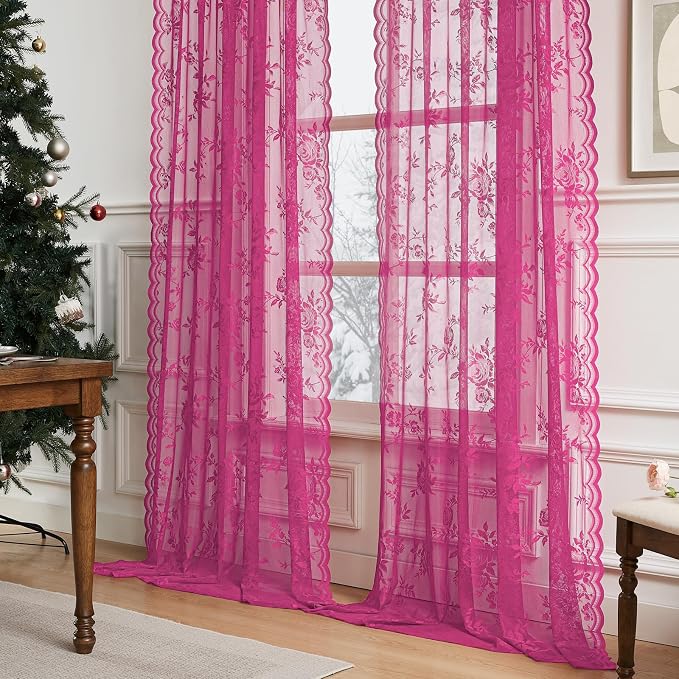 Raspberry Lace Curtains 54 Inch Length 2 Panels Rod Pocket Floral Lace Curtains - Image 3