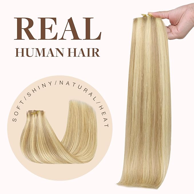 GOO GOO Clip in Hair Extensions Real Human Hair, Remy Human Hair Extensions Clip ins for Women, Natural Human Hair, 16inch 130g 7Pcs, 18D/22F Dirty Blonde Highlights