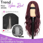 Wine Red Wig for Women Long Wavy 4x1 Lace Natural Hairline Glueless for Beginners Middle Part Synthetic for Daily Party Use 26Inch
