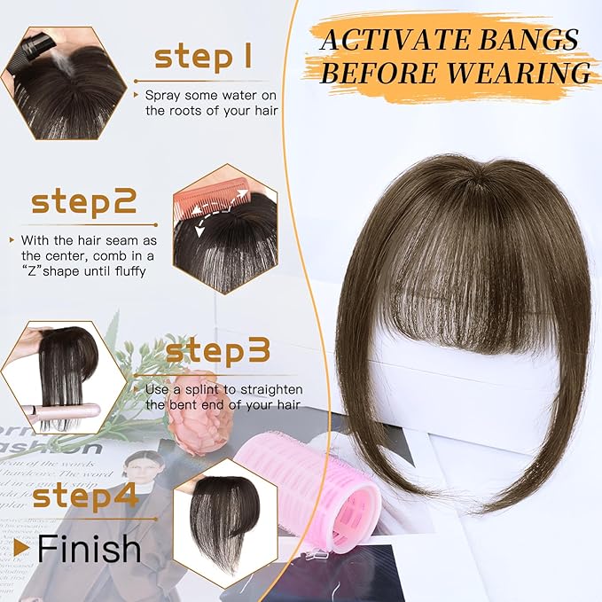 NAYOO Hair Toppers for Women Real Human Hair, 360° Cover Clips in Full Fringe Fake Bangs Hair Pieces for Women Girls Daily Wear(Dark Brown)