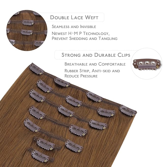 WENNALIFE Clip in Hair Extensions Real Human Hair, 20 Inch 120g 7pcs Human Hair Extensions Clip In Human Hair, Light Auburn Brown Hair Extensions Clip In Real Hair Coloured Remy Human Hair Extensions