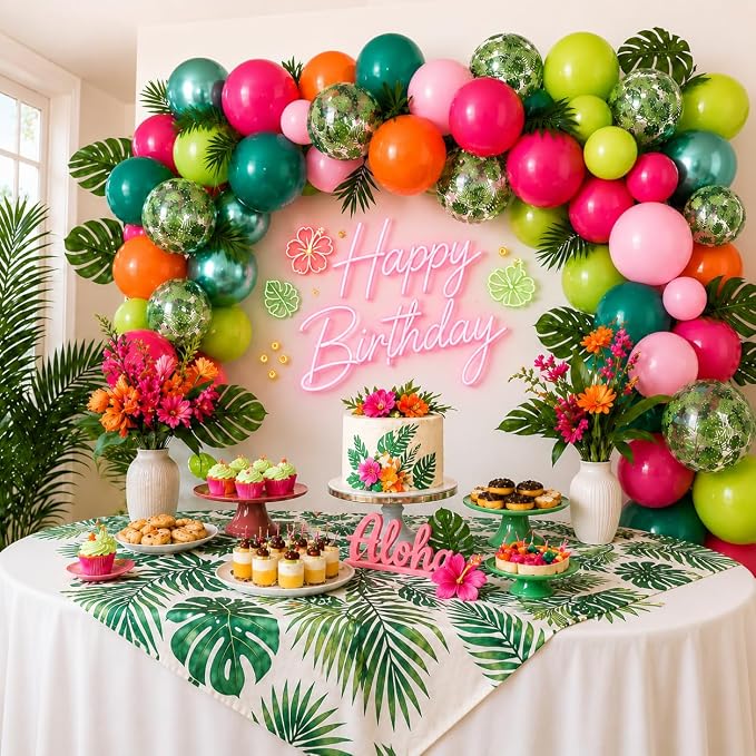 Tropical Balloons, Hot Pink Lime Green Orange Metallic Latex Balloon Palm - Image 3