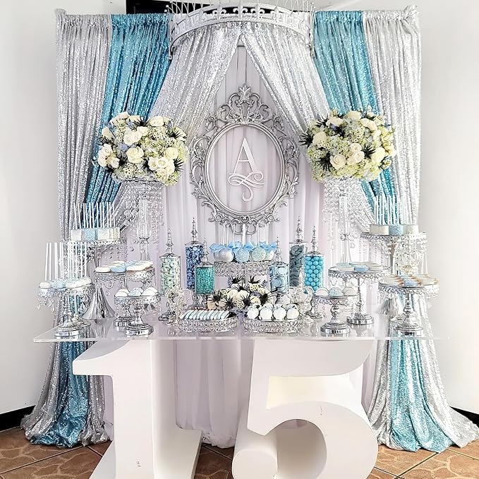 Silver Sequin Backdrop Curtains Drapes 6 Pieces 2ftx8ft Sparkly Christmas | - Image 2