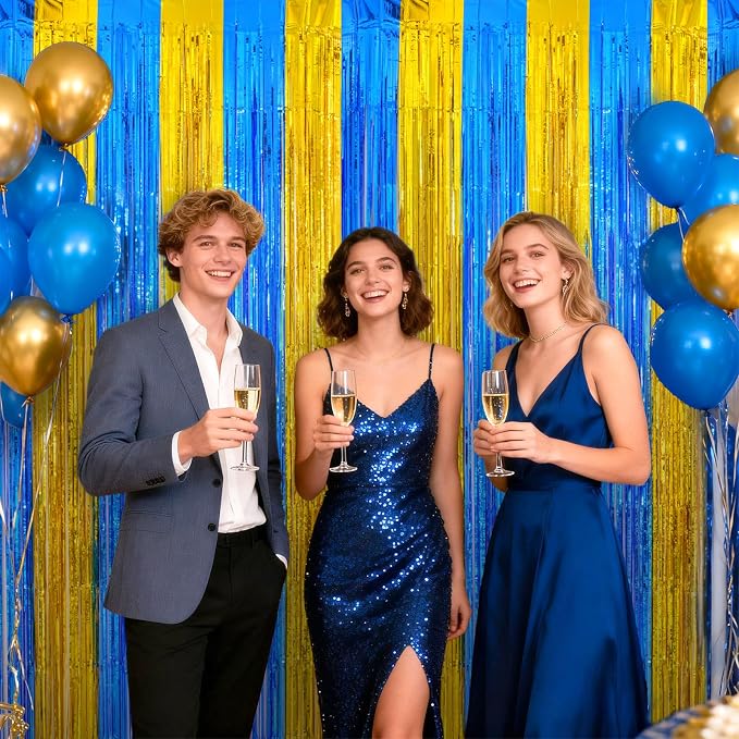 jijAcraft Blue Gold Tinsel Foil Fringe Curtain, 3 Pack 3.2x6.5 Feet Graduation - Image 5
