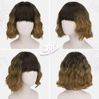 BARSDAR Brown Ombre Short Wavy Wig with Bangs - Short Wavy Brown Wig for Women - Fluffy Soft Synthetic Curly Textured French Bob Ombre Wigs with Bangs Natural Looking Face-Framing Daily