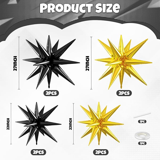 Black Gold Star Balloons, 22/27 Inch Black and Gold Star Foil Balloons - Image 2