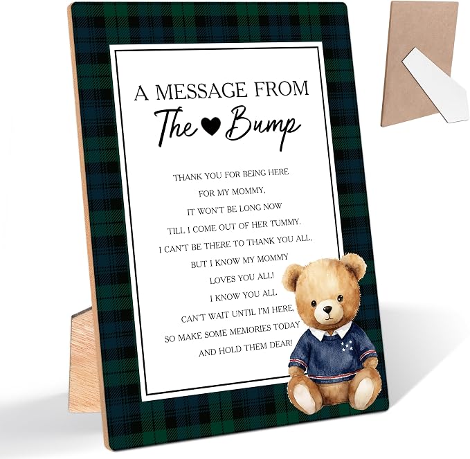 Vintage Bear A Message From the Bump Baby Shower Signs, Tartan Plaid Wooden by Unknown