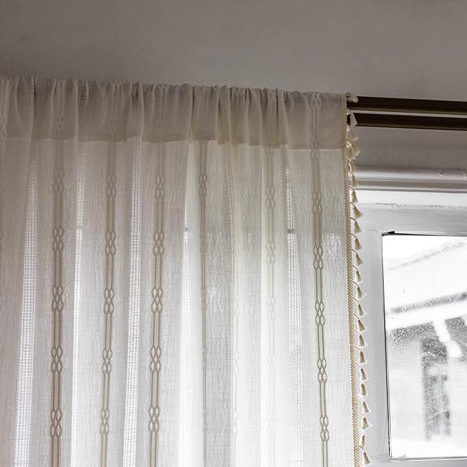 Boho Curtains Embroidery Linen Curtains 108 Inches Long 2 Pannels - Image 5