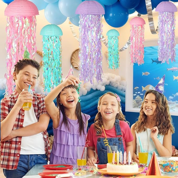 Set of 6 Mermaid Jellyfish Lanterns 10'' – Pink Purple Blue Decorations - Image 2