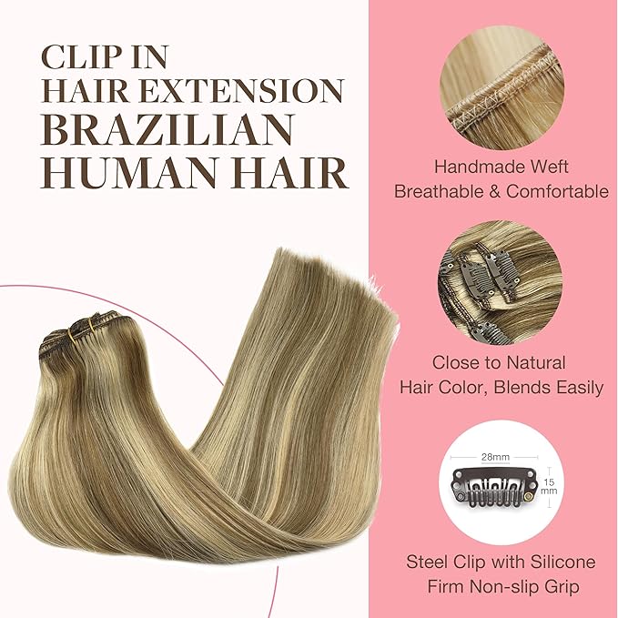 GOO GOO Clip in Hair Extensions Real Human Hair, Remy Human Hair Extensions Clip ins for Women, Natural Human Hair, 16inch 120g 7Pcs, 8A/22 Medium Brown Highlighted Golden Blonde