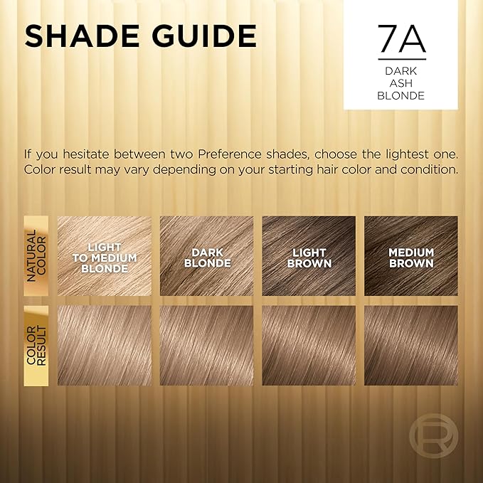 L'Oreal Paris Superior Preference Luminous Fade-Defying Permanent Hair Color, Hair Dye For Up to 9 Weeks of Radiance, Dark Ash Blonde 7A, 1 Hair Dye Kit