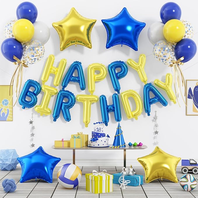 29PC Blue Yellow Happy Birthday Balloon Banner, 16 Inch 3D Aluminum Letter by Paready