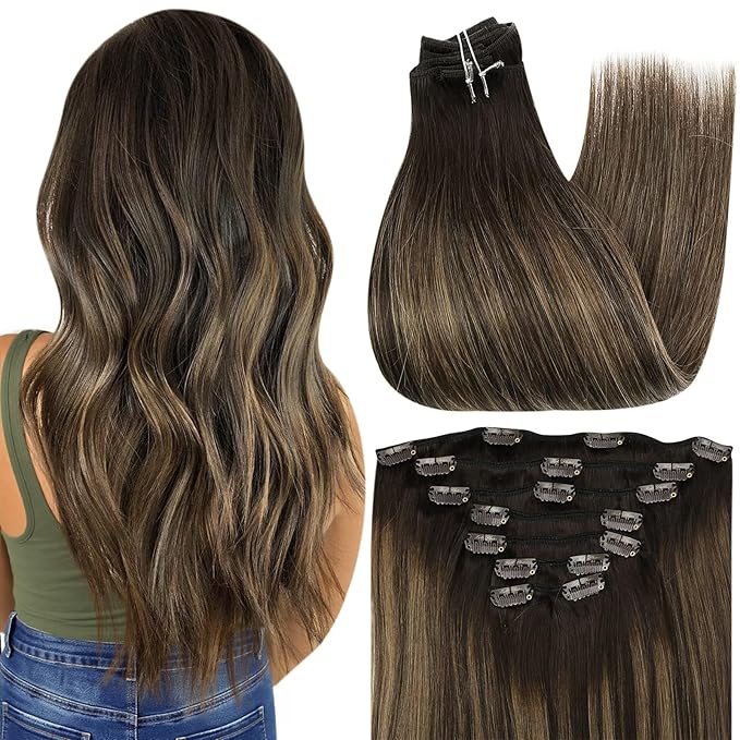 Full Shine Clip in Hair Extensions Human Hair Balayage Clip in Extensions Dark Brown to Chestnut Brown Double Weft Human Hair Extensions for Women 14 Inch 7 Pcs 120 G