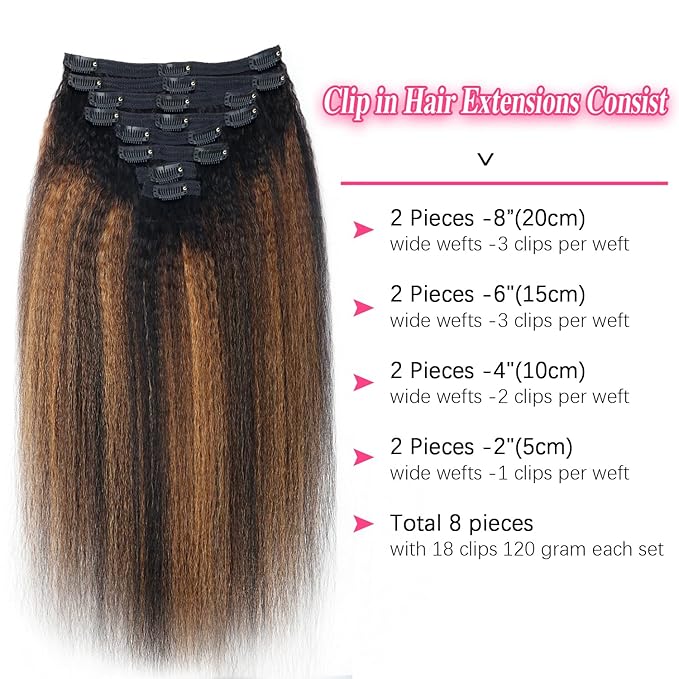 Kinky Straight Clip in Hair Extensions Real Human Hair For Women Highlight Hair Extensions Kinky Straight Clip ins (24inch,T1BP1B/30)