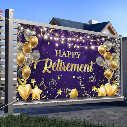 Happy Retirement Backdrop Purple and Gold Happy Retirement Sign Banner Photo - Image 6