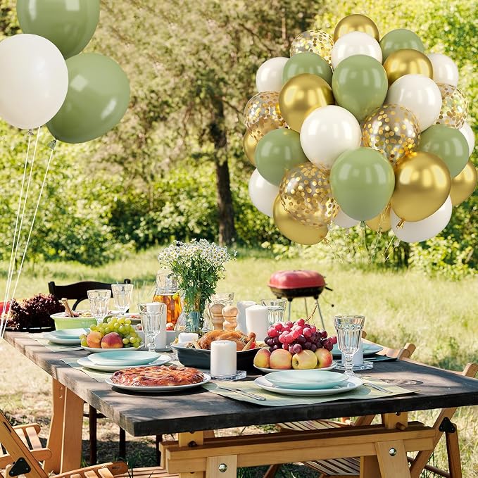 Sage Green and Gold Balloons, 12 Inch Metallic Gold Confetti Avocado Green Sand - Image 6
