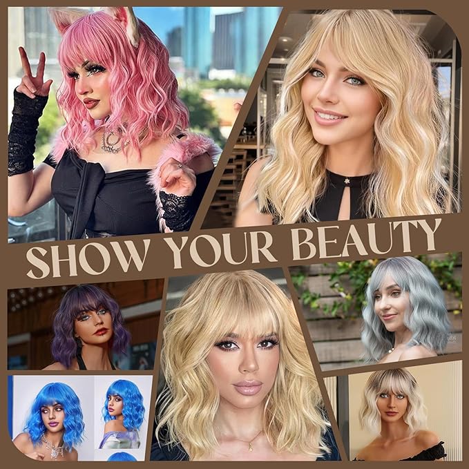 MISSQUEEN Blonde Bob Wig with Bangs Blonde Short Wavy Highlight White Wigs for Women curly hair with Bangs Heat Resistant Synthetic Wigs for Daily, Cosplay, Halloween,Party Wigs