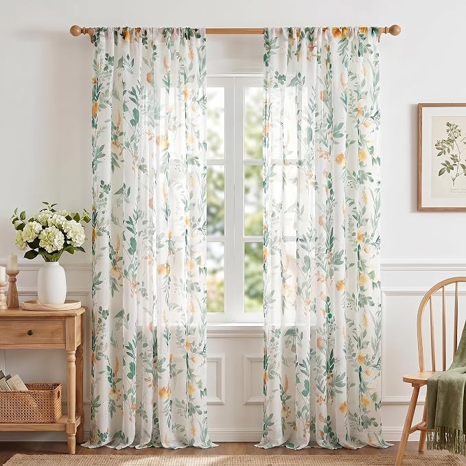MYSKY HOME Green Sheer Floral Curtains 90 Inch Length - Image 2
